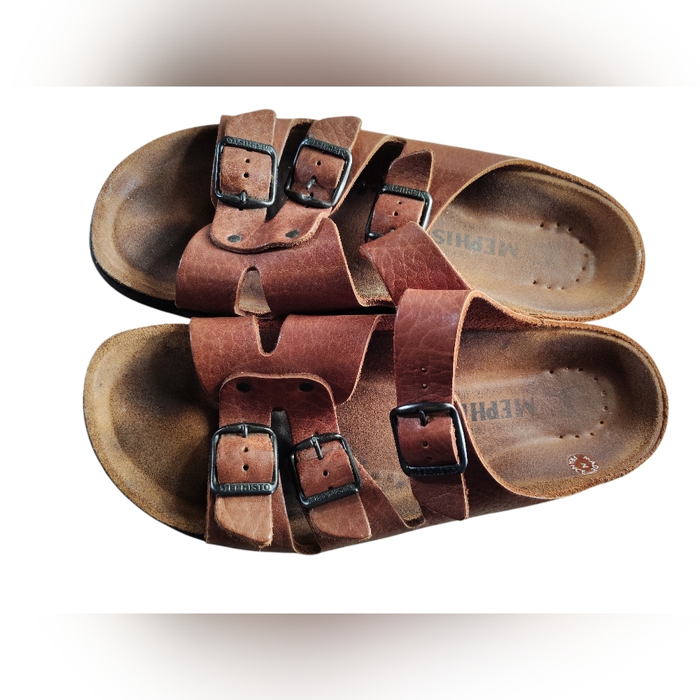 Mephisto Men's Brown Genuine Leather Buckle Sandals--Size 10